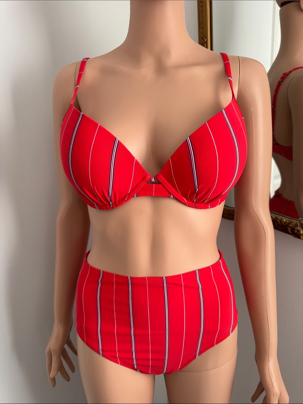 La Vie En Rose Red Striped High-Waist Bikini